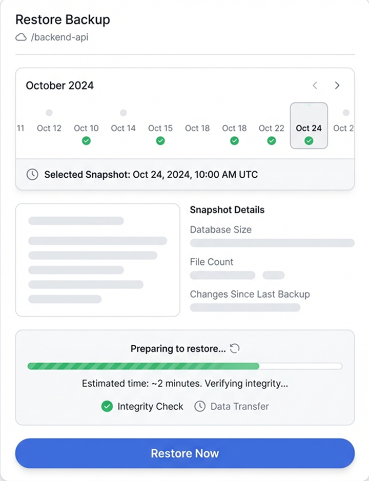 Restore interface showing backup timeline and one-click restore