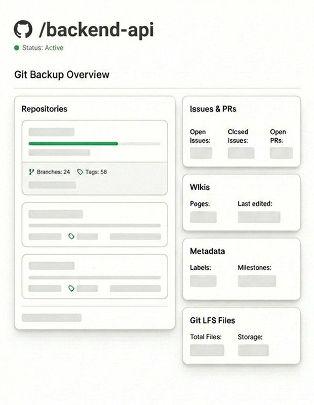 Backup dashboard showing repositories, issues, PRs, wikis, metadata, and Git LFS
